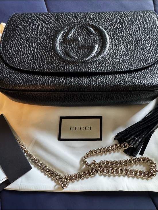 Gucci Handbags - Gucci Black Pebbled Leather Mini Crossbody with Silver Chain and Tassel